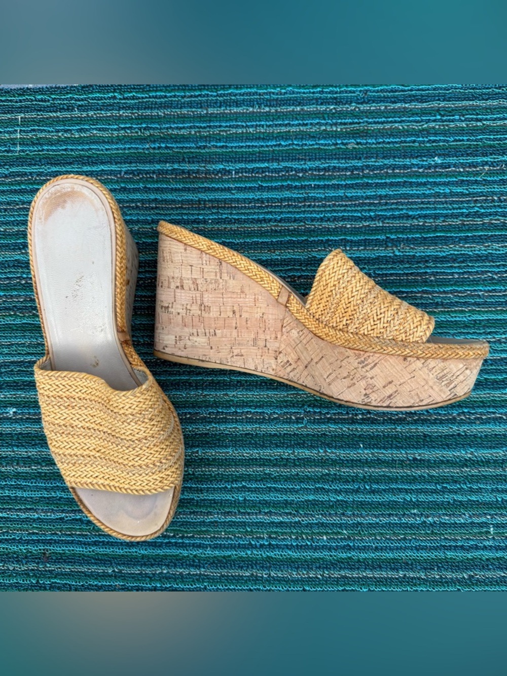 Stuart Weitzman Straw Woven Cork Wedge Slides - Natural size 9